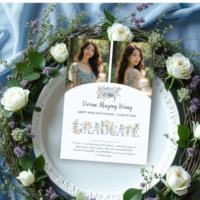 Romantic Dusty Blue Floral Grad 2 Photo Collage Meddelande (Soft Dusty Blue Watercolor Effect Botanical Floral 2 Photo Collage Graduation Announcement. )