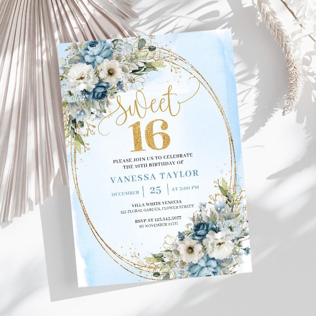 Romantic Dusty Blue Flowers Sweet Sixteen Invites Inbjudningar (Romantic Dusty Blue Flowers Sweet Sixteen Invitation)