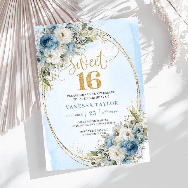 Romantic Dusty Blue Greenery Sweet Sixteen Invite Inbjudningar (Romantic Dusty Blue Greenery Sweet Sixteen Invitation)