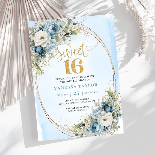 Romantic Dusty Blue Greenery Sweet Sixteen Invite Inbjudningar (Romantic Dusty Blue Greenery Sweet Sixteen Invite)