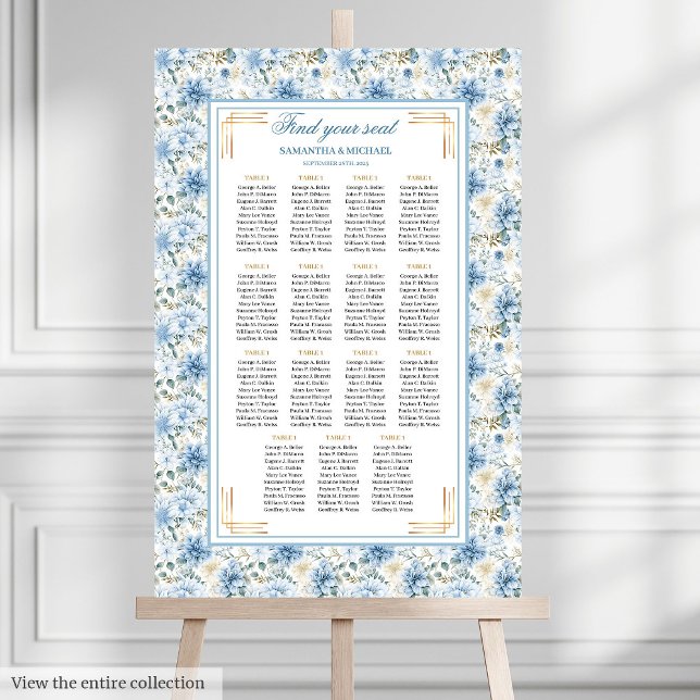 Romantic Dusty Blue Guld Boho Seatschdiagram - blå Poster (Romantic Dusty Blue Gold Boho Seating Chart)