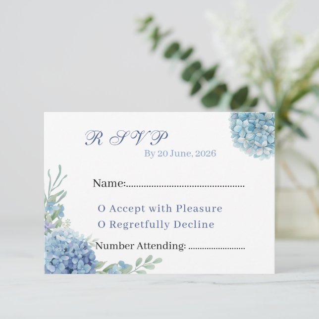 Romantic Dusty Blue Hydrangea Watercolor Wedding  OSA Kort (Stående Fram)