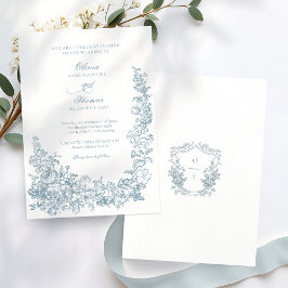 Romantic Dusty Blue Line Art Floral Wedding Inbjudningar