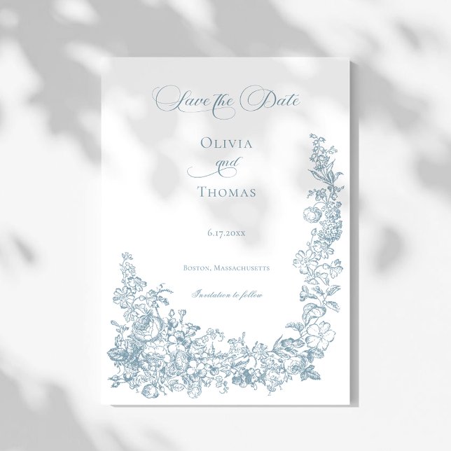 Romantic Dusty Blue Line Art Floral Wedding Spara Datumet (Skapare uppladdad)