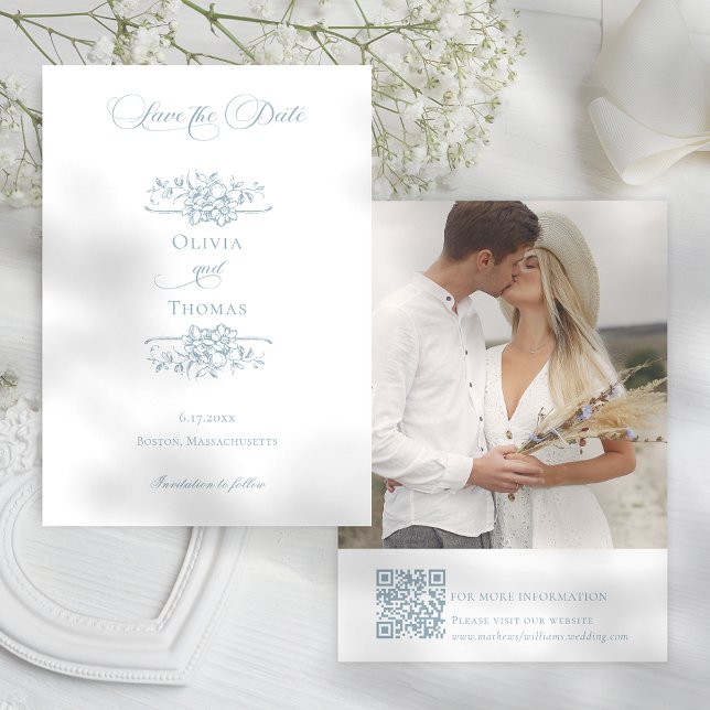 Romantic Dusty Blue Line Art Floral Wedding Spara Datumet (Skapare uppladdad)
