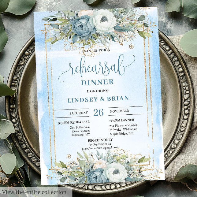 Romantic Dusty Blue Peonies Guld Ram-innerkort Inbjudningar (Romantic Dusty Blue Peonies Gold Frame Dinner Card)