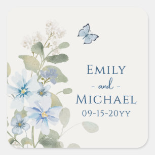 Romantic Dusty Blue Watercolor Blommigt Bröllop Fyrkantigt Klistermärke