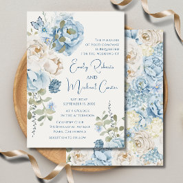 Romantic Dusty Blue Watercolor Blommigt Bröllop Inbjudningar