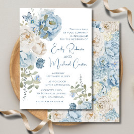 Romantic Dusty Blue Watercolor Blommigt Bröllop Inbjudningar