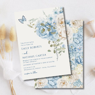 Romantic Dusty Blue Watercolor Blommigt Bröllop Inbjudningar