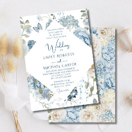 Romantic Dusty Blue Watercolor Blommigt Bröllop Inbjudningar