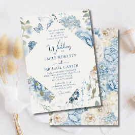 Romantic Dusty Blue Watercolor Blommigt Bröllop Inbjudningar