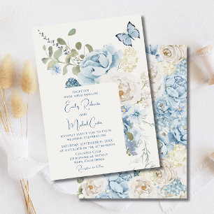 Romantic Dusty Blue Watercolor Blommigt Bröllop Inbjudningar