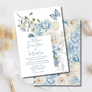 Romantic Dusty Blue Watercolor Blommigt Bröllop Inbjudningar