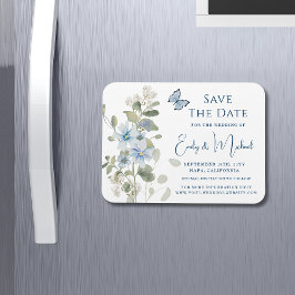 Romantic Dusty Blue Watercolor Blommigt Bröllop Magnet