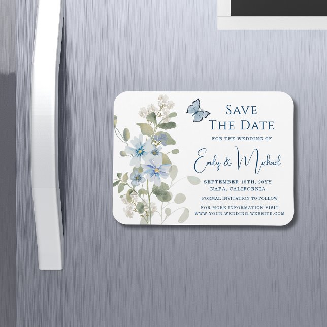 Romantic Dusty Blue Watercolor Blommigt Bröllop Magnet (Skapare uppladdad)