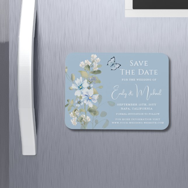 Romantic Dusty Blue Watercolor Blommigt Bröllop Magnet (Skapare uppladdad)