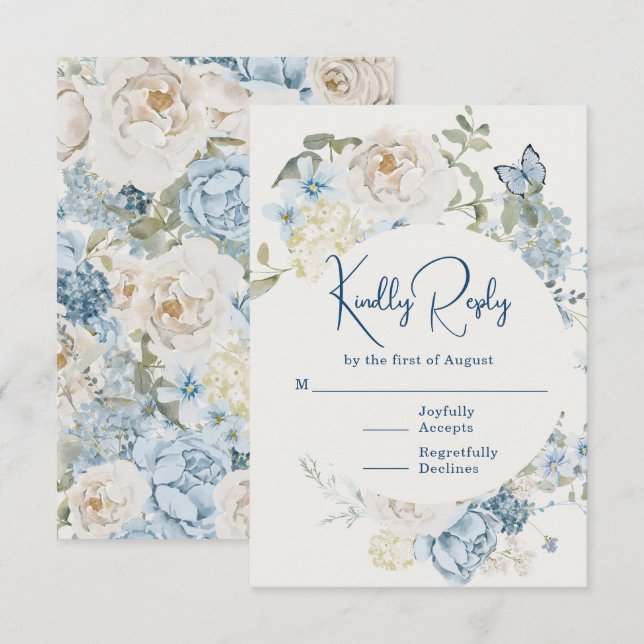 Romantic Dusty Blue Watercolor Blommigt Bröllop OSA Kort (Fram/baksida)