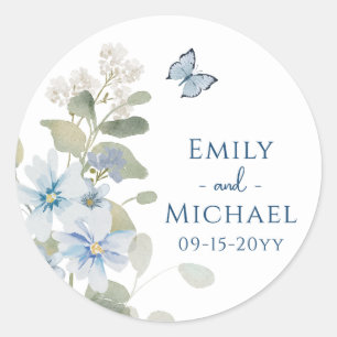 Romantic Dusty Blue Watercolor Blommigt Bröllop Runt Klistermärke