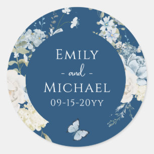 Romantic Dusty Blue Watercolor Blommigt Bröllop Runt Klistermärke