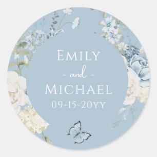 Romantic Dusty Blue Watercolor Blommigt Bröllop Runt Klistermärke