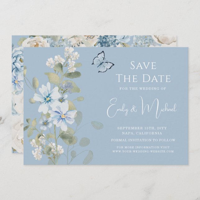 Romantic Dusty Blue Watercolor Blommigt Bröllop Spara Datumet (Fram/baksida)