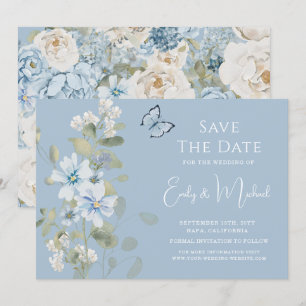 Romantic Dusty Blue Watercolor Blommigt Bröllop Spara Datumet