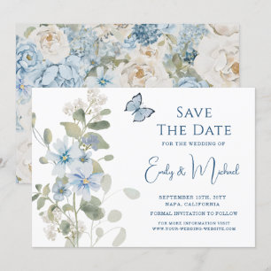 Romantic Dusty Blue Watercolor Blommigt Bröllop Spara Datumet