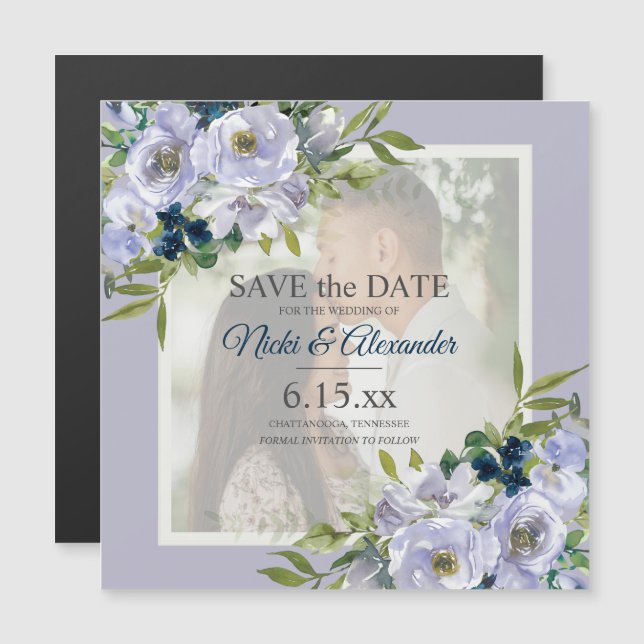 Romantic Dusty Blue White Blommigt Foto Spara Date Magnetisk Inbjudningskort (Fram/baksida)