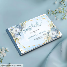 Romantic Dusty Blue White Guld Flowers Guest Bok