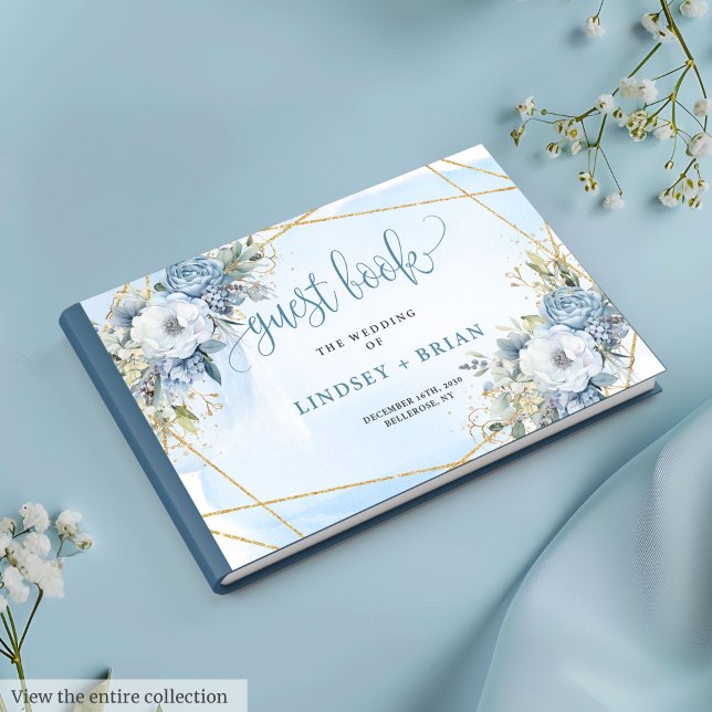 Romantic Dusty Blue White Guld Flowers Guest Bok (Romantic Dusty Blue White Gold Flowers Guest Book)
