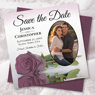 Romantic Dusty Mauve Ro med Oval Photo Bröllop Spara Datumet