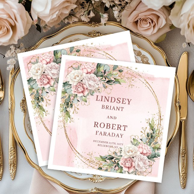 Romantic Dusty Pink Flowers Greenery Gold Glitter  Pappersservett (Romantic Dusty Pink Flowers Greenery Gold Glitter Napkins)
