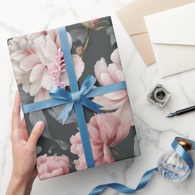 Romantic Dusty Pink Peony Grey Floral Pattern Presentpapper (Gifting)