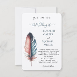 Romantic Dusty Rose Teal Feather Wedding Inbjudningar