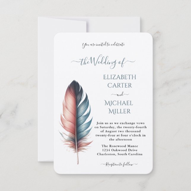 Romantic Dusty Rose Teal Feather  Wedding Inbjudningar (Framsida)