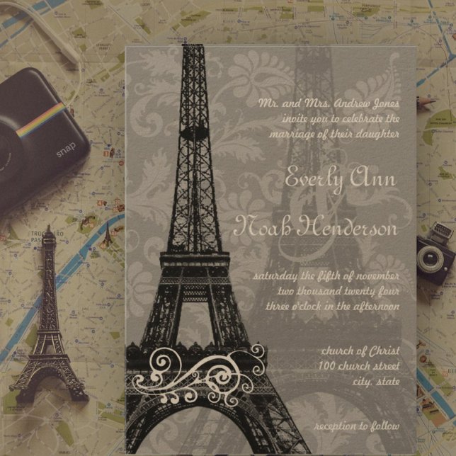 Romantic Eiffel Torn Damask Wedding Inbjudningar (Skapare uppladdad)