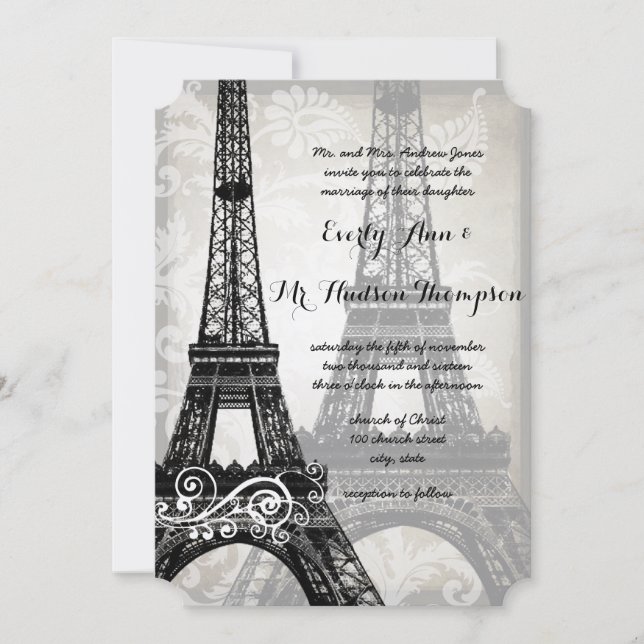 Romantic Eiffel Torn Shadows Damask Wedding Inbjudningar (Framsida)