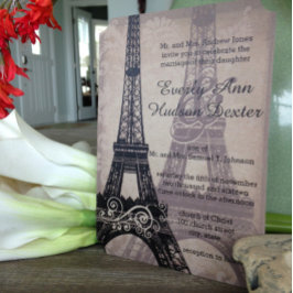 Romantic Eiffel Torn Shadows Damask Wedding Inbjudningar