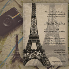 Romantic Eiffel Torn Shadows Damask Wedding Inbjudningar