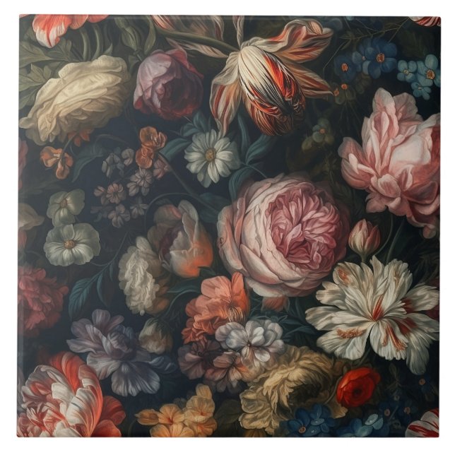 Romantic Elegant Baroque Flowers Oljemålning Kakelplatta (Framsidan)