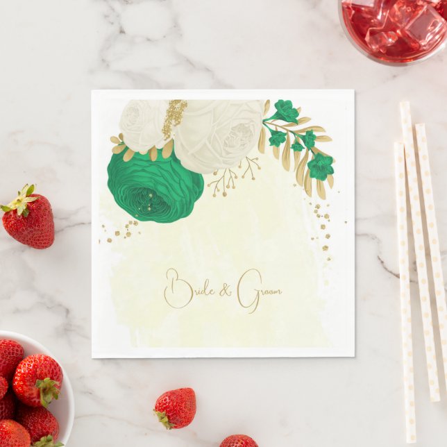 Romantic emerald grönt och vita blommor guld pappersservett (Insitu)