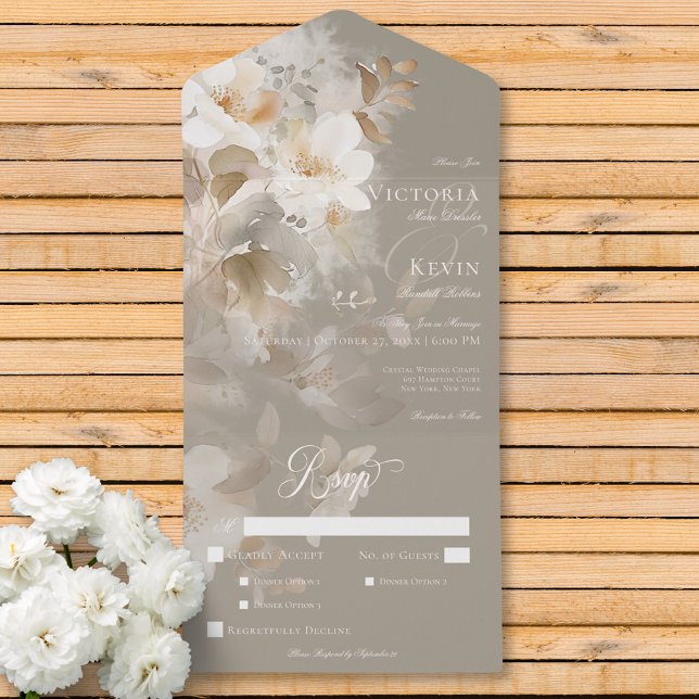Romantic Etheral Neutralt Beige Blommigt Middag (Romantic Ethereal Neutral Beige Floral Dinner All In One Invitation)