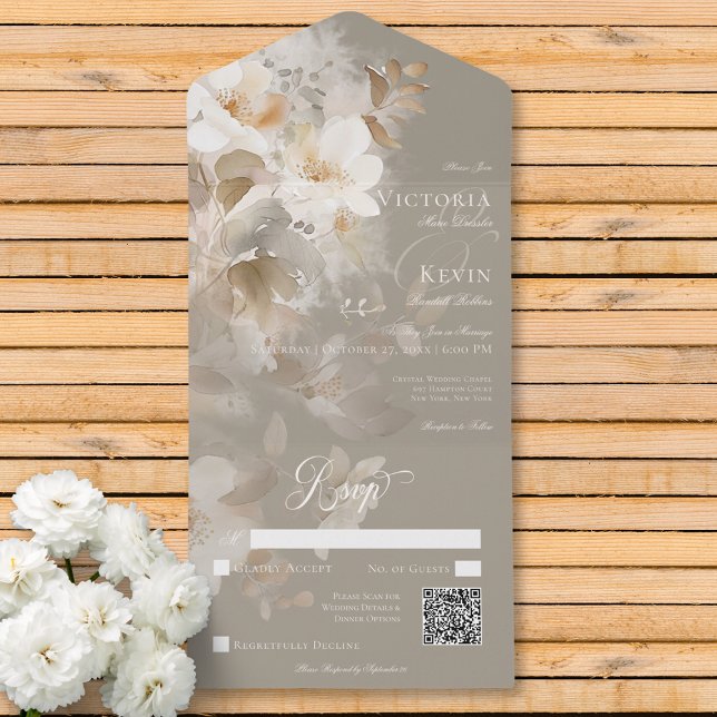 Romantic Etheral Neutralt Beige Blommigt QR-kod (Romantic Ethereal Neutral Beige Floral QR Code All In One Invitation)