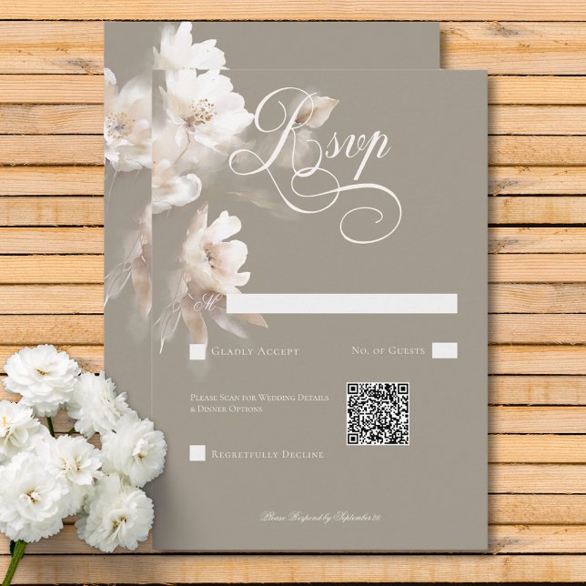 Romantic Etheral Neutralt Beige Blommigt QR-kod OSA Kort (Romantic Ethereal Neutral Beige Floral QR Code RSVP Card)