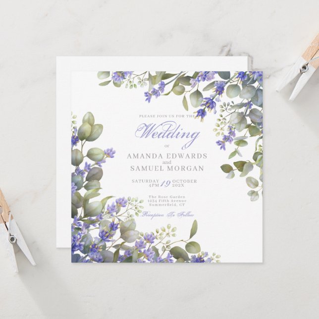 Romantic Eucalyptus & Lavender Wedding Invitation Inbjudningar (Fram/Back In Situ)