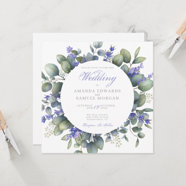 Romantic Eucalyptus & Lavender Wedding Invitation Inbjudningar (Fram/Back In Situ)