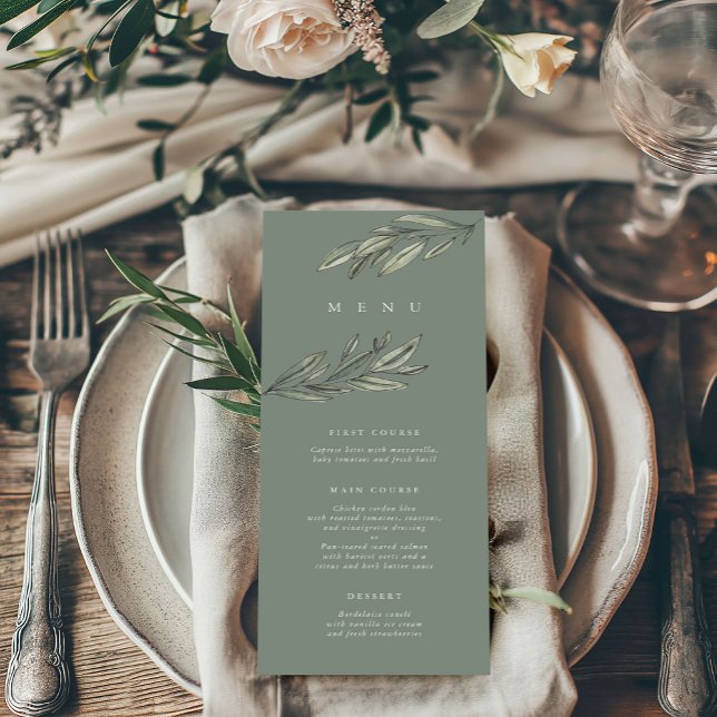 Romantic Evergreen Bröllop-menykort Meny (Romantic Evergreen watercolor botanical wedding menu cards)