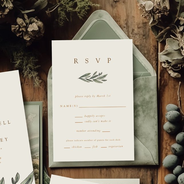 Romantic Evergreen Bröllop OSA Kort (Romantic Evergreen watercolor botanical wedding RSVP response cards)