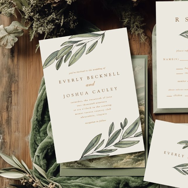 Romantic Evergreen bröllopsinbjudan Spara Datumet (Romantic Evergreen watercolor botanical wedding invitations)